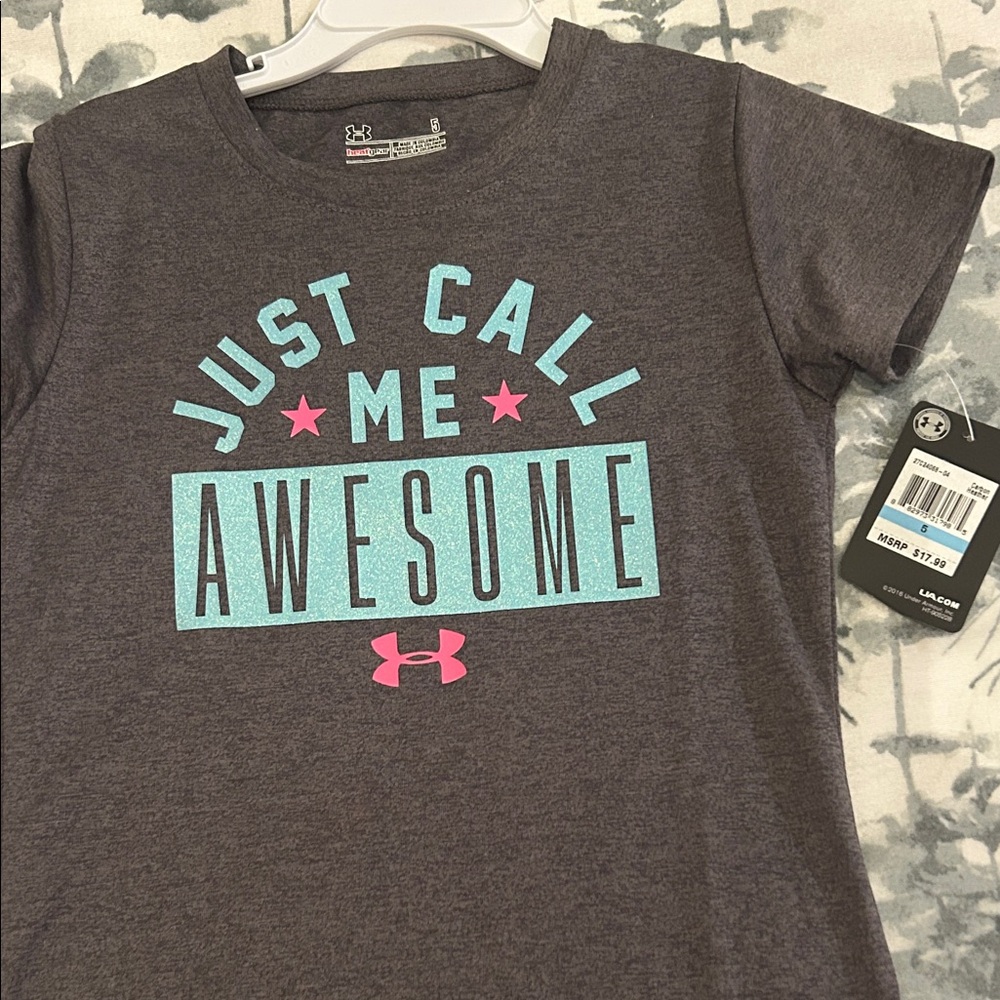 Under Armour Charcoal Tee with Aqua and Pink 'Just Call Me Awesome' Graphic